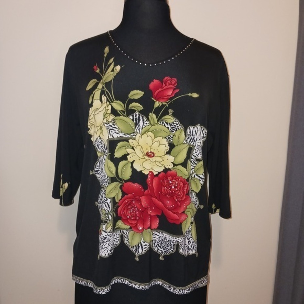 Valentina Black Floral Top Embellished Roses‎ Animal Print 3/4 Sleeve Blouse